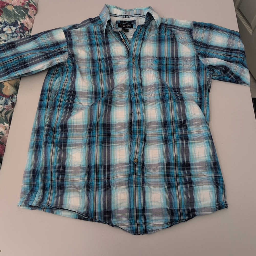 Ariat Pro Series Men's Blue and White Plaid Button Down Shirt